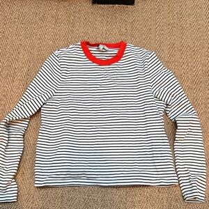 COS White and Black Striped Long Sleeve Tee with Red Neckline